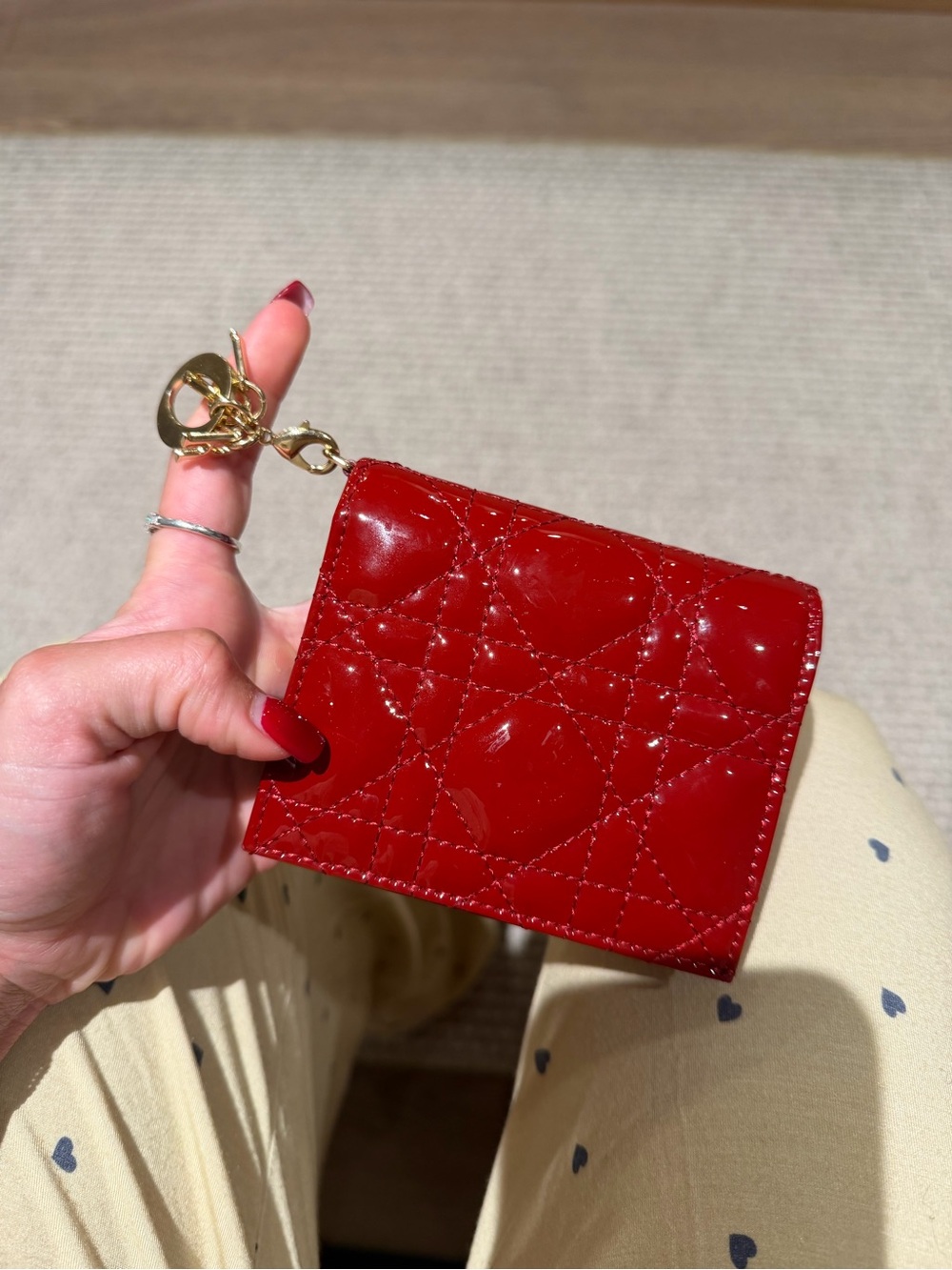 Dior Red Patent Leather Quilted Card Holder with Gold Hardware